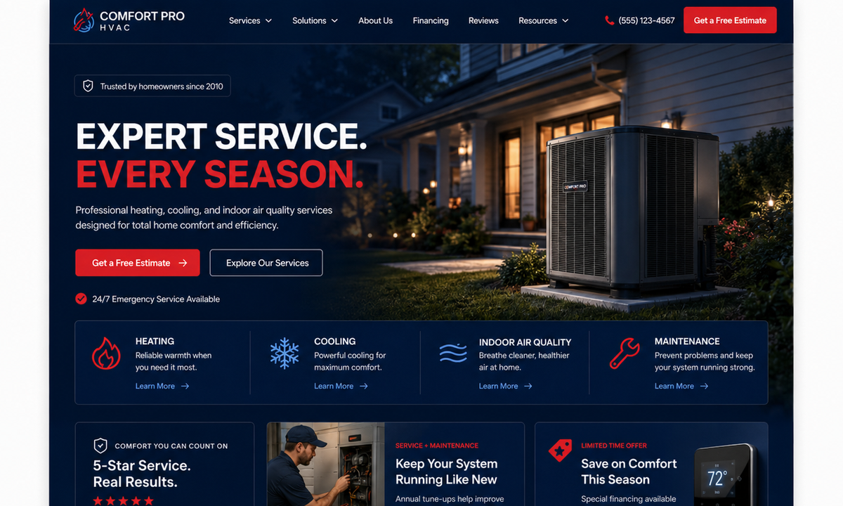 Dark navy HVAC website preview for Comfort Pro HVAC