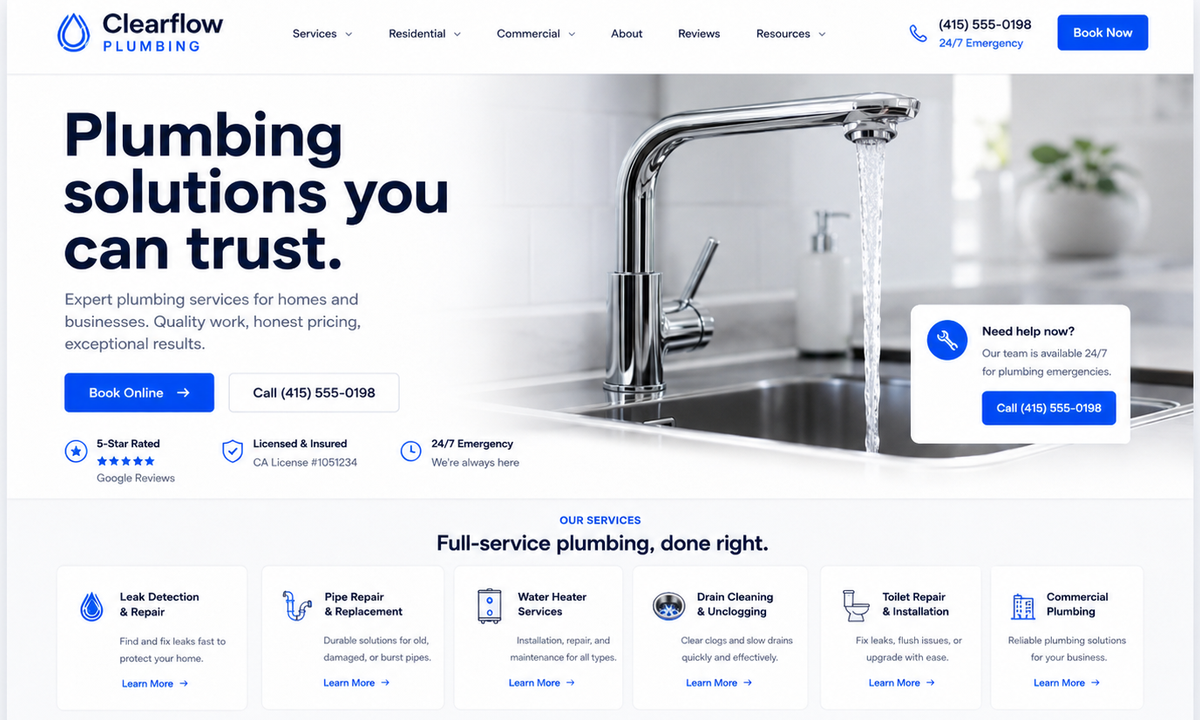 Clean blue plumbing website preview for Clearflow Plumbing
