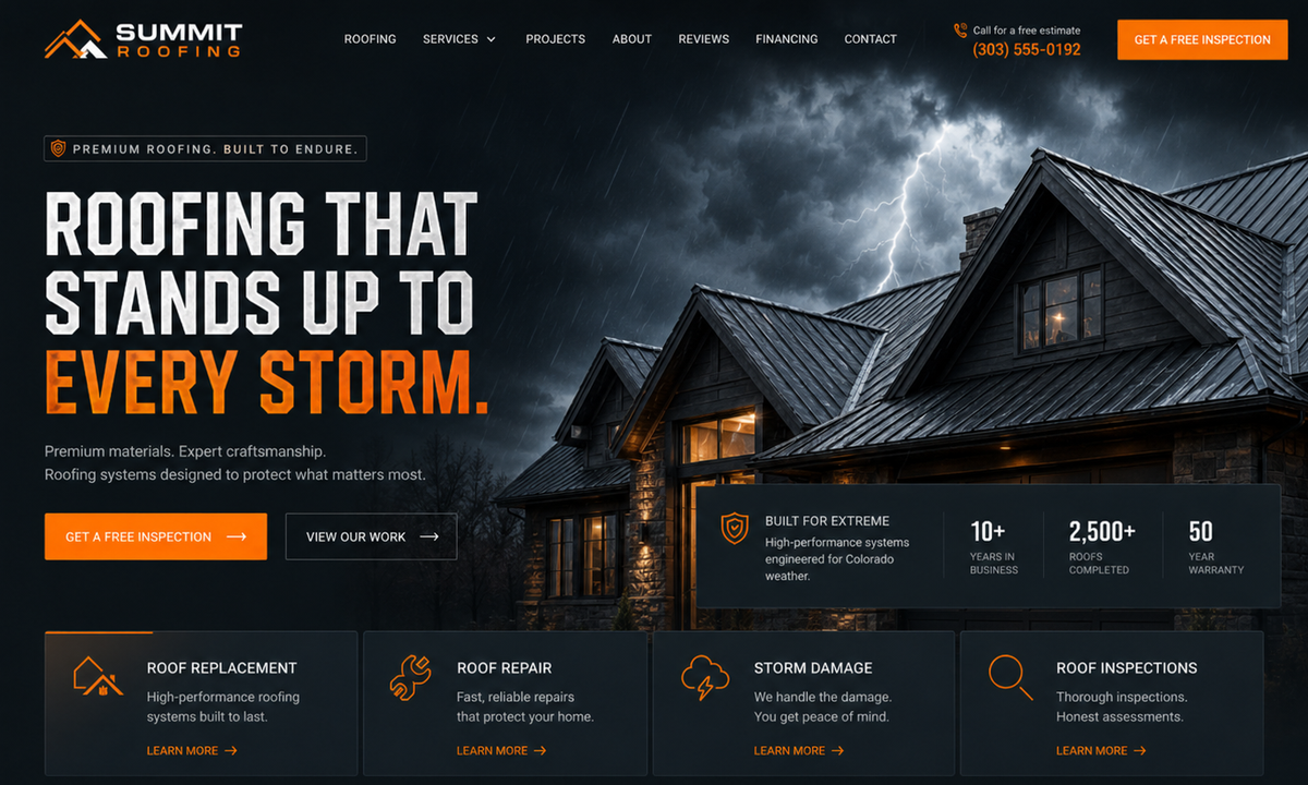 Full roofing contractor website preview with dark storm-ready branding